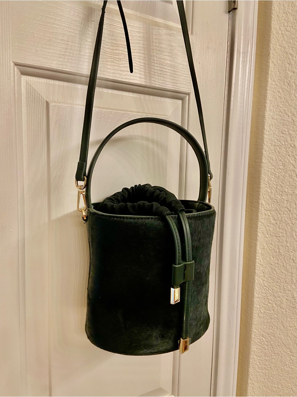 Mango Dark Green Bucket Crossbody with Top Handle and Gold Hardware